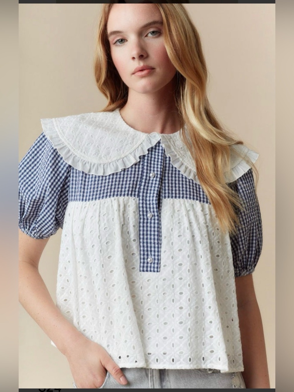Fantastic Fawn White Eyelet Top with Navy Gingham